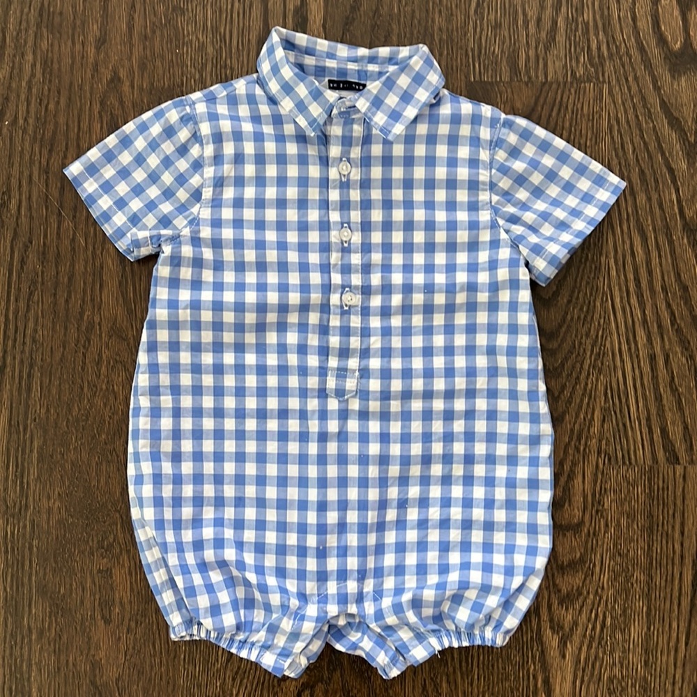Janie and Jack Blue and White Check Plaid Romper size 6-12 months
